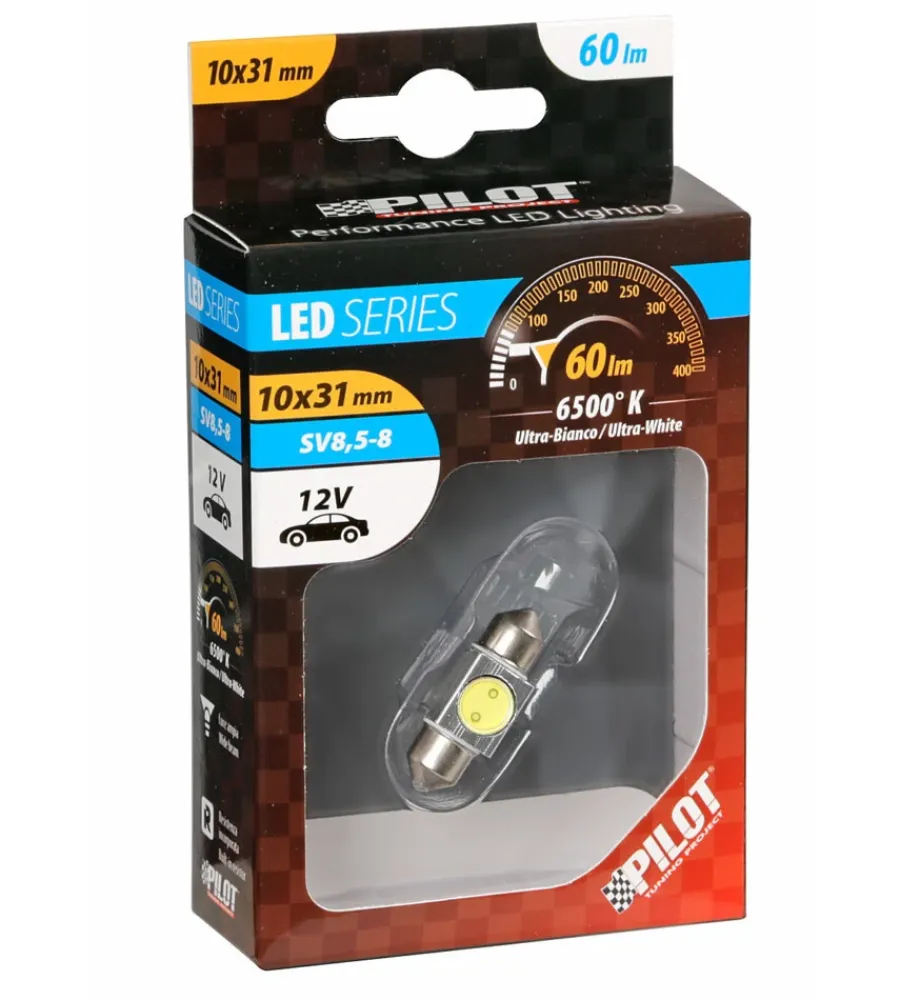 Elettrico- Lampada 12v hyper-led 2 - 1 smd x 2 chips - 10x31 mm - sv8,5-8 - 1 pz bianco 58447