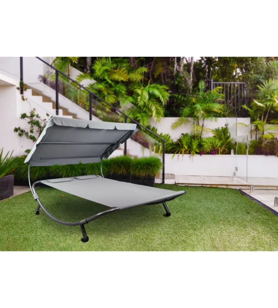 Mobili Da Giardino E Accessori-EuroGarden Lettino amaca da esterno in acciaio e textilene con tettuccio grigio 173x196x175 cm