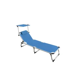 Mobili Da Giardino E Accessori- Lettino prendisole pieghevole, schienale e parasole regolabili e cuscino essenza "mykonos" in alluminio e textilene blu 187x57x30 cm