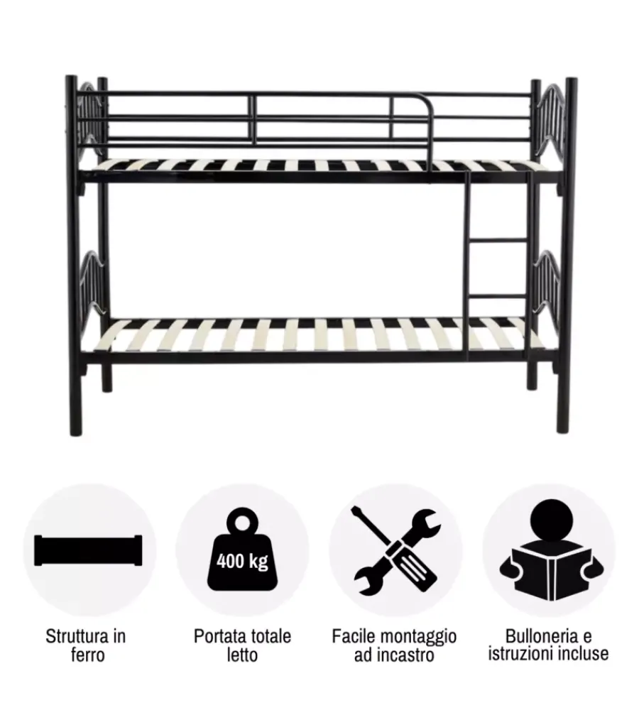 Hot Letto a castello "berna" scomponibile in 2 letti singoli in ferro nero 203x83x145,5 cm Letti E Comodini