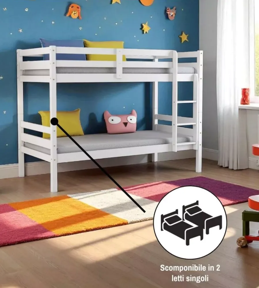 Letti E Comodini-BellaHome Letto a castello "lione" in pino massello bianco laccato 199,5x97x150 cm