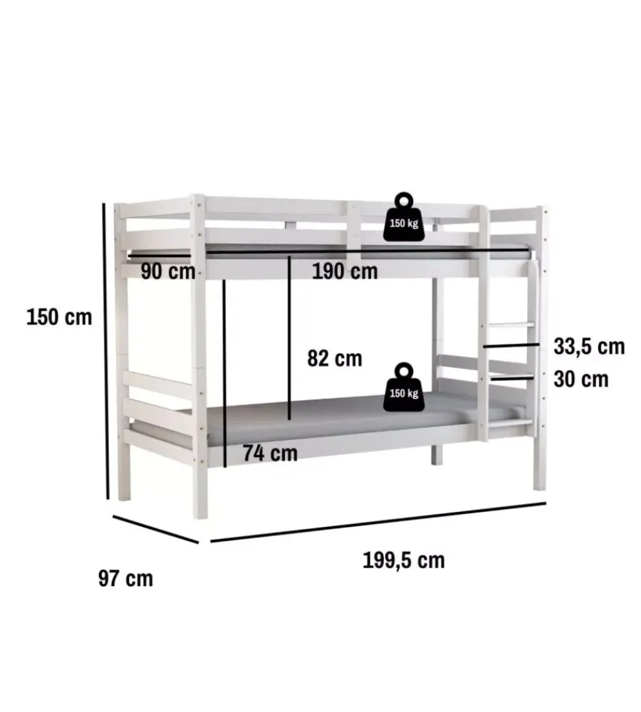 Letti E Comodini-BellaHome Letto a castello "lione" in pino massello bianco laccato 199,5x97x150 cm