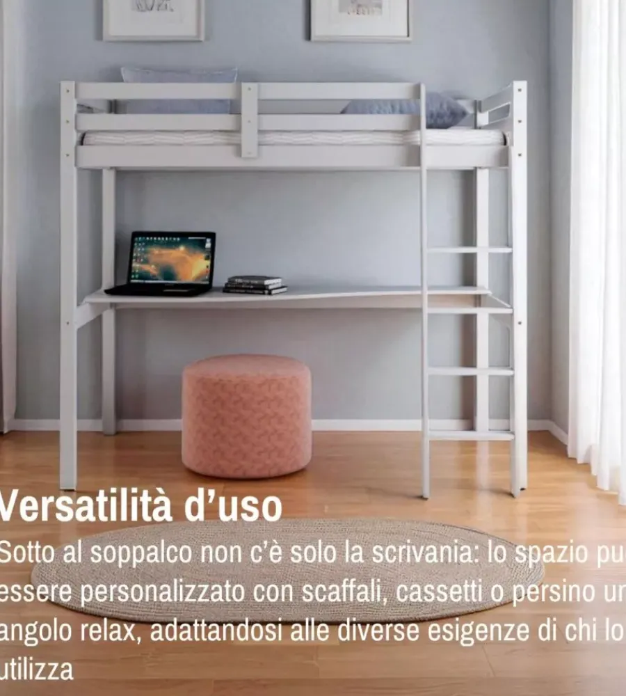 Letto a soppalco con scrivania "nizza" in pino massello bianco laccato 202x98x176 cm Letti E Comodini