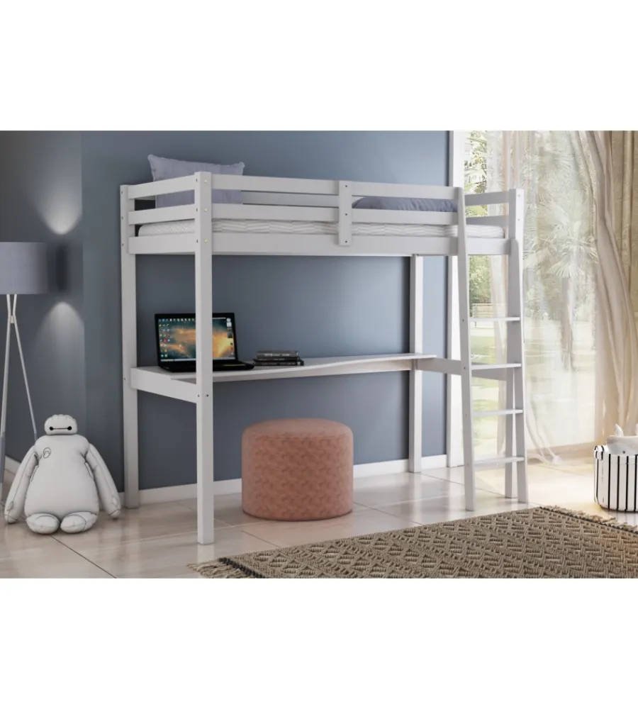 Letto a soppalco con scrivania "nizza" in pino massello bianco laccato 202x98x176 cm Letti E Comodini