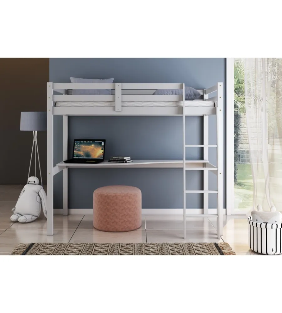 Letto a soppalco con scrivania "nizza" in pino massello bianco laccato 202x98x176 cm Letti E Comodini