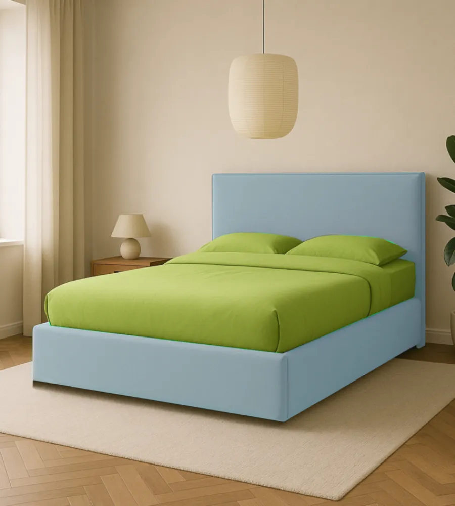 Letti E Comodini|Letto matrimoniale contenitore "zoom" in tessuto celeste 160x190 cm