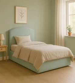 Letti E Comodini- Letto piazza e mezza contenitore "moon" in tessuto celeste 120x190 cm