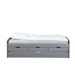 Letti E Comodini|Letto singolo con 3 cassetti e letto estraibile in pino grigio 90x200 cm