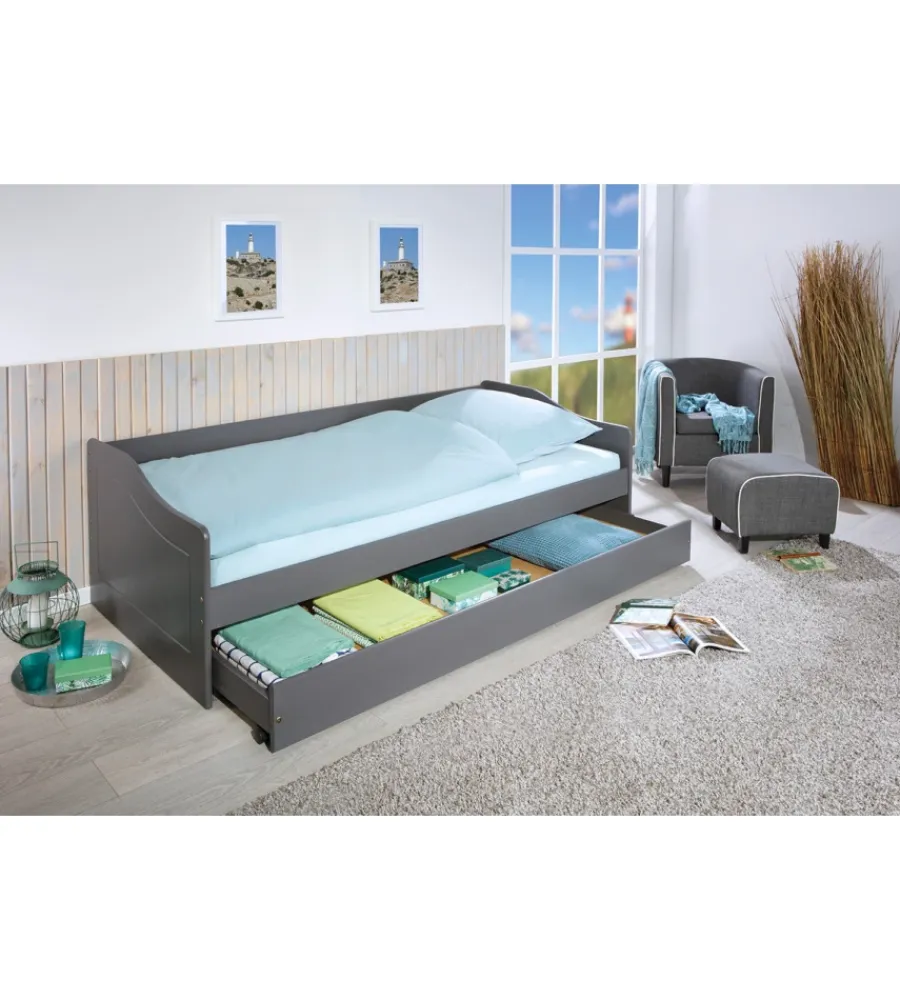 New Letto singolo grigio e letto estraibile con funzione divano 97x208x62 cm Letti E Comodini
