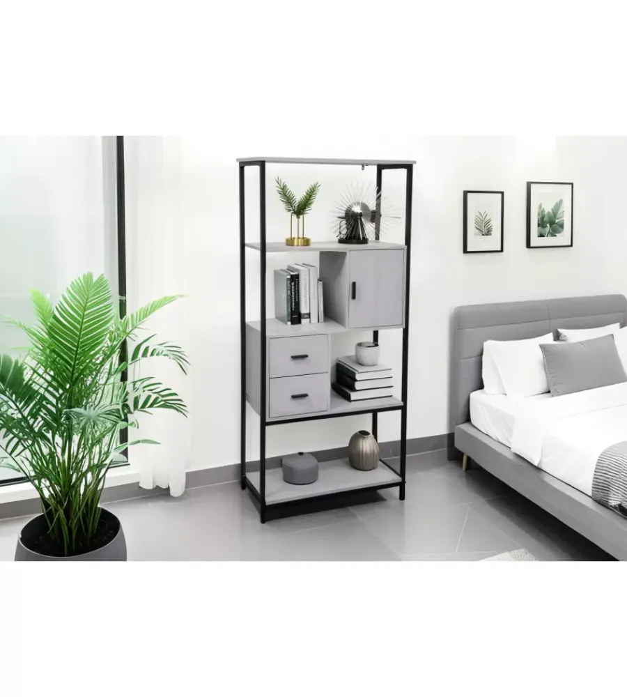 Mobili Da Ingresso-BellaHome Libreria con cassetti "industrial" grigio 80x30x160 cm