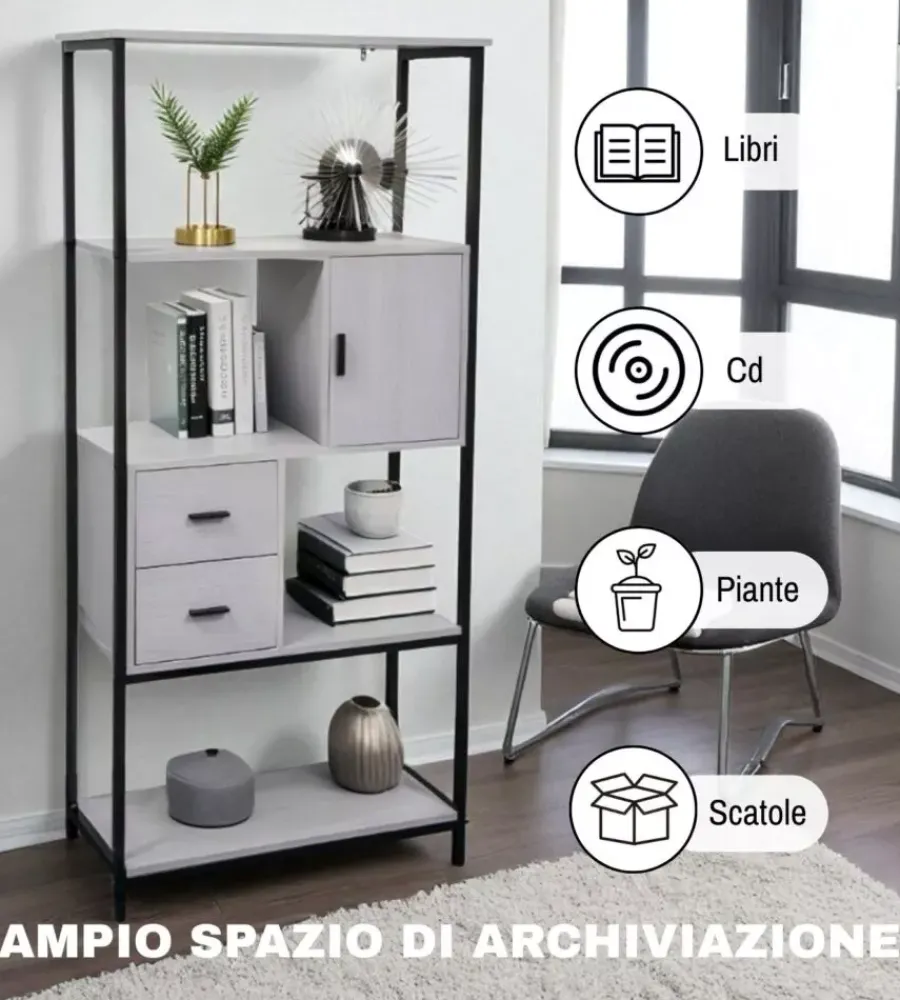 Mobili Da Ingresso-BellaHome Libreria con cassetti "industrial" grigio 80x30x160 cm