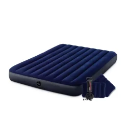 Intex Campeggio|Materasso matrimoniale gonfiabile "airbed dura-beam standard classic downy" colore blu con pompa manuale e due cuscini, 152x203x25 cm - cod. 64765