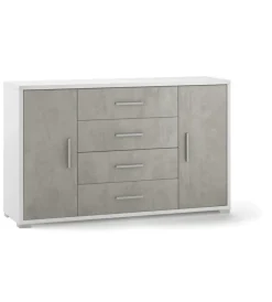 Credenze E Buffet-Sarmog Mobile 2 ante 4 cassetti cemento e bianco, 137x84x41 cm