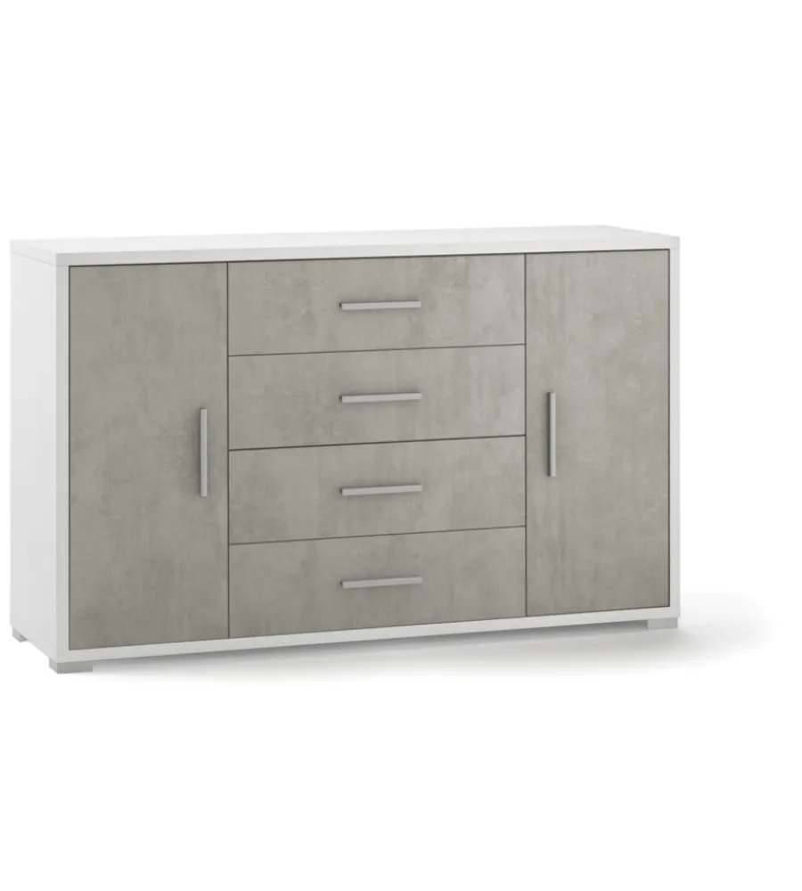 Credenze E Buffet-Sarmog Mobile 2 ante 4 cassetti cemento e bianco, 137x84x41 cm