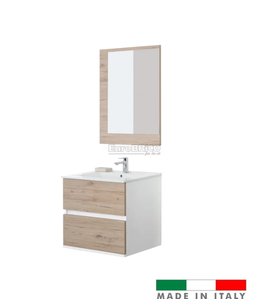 Mobili Bagno- Mobile bagno sospeso "fabula" 2 cassetti bianco e rovere, 60x47x57 cm