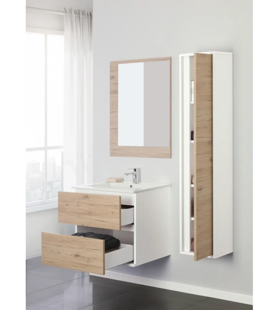 Mobili Bagno- Mobile bagno sospeso "fabula" 2 cassetti bianco e rovere, 60x47x57 cm