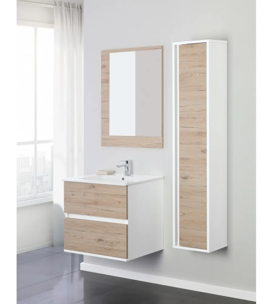 Mobili Bagno- Mobile bagno sospeso "fabula" 2 cassetti bianco e rovere, 60x47x57 cm