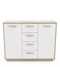 Credenze E Buffet- Mobile bianco e quercia con 2 ante e  4 cassetti, 113x84x36 cm