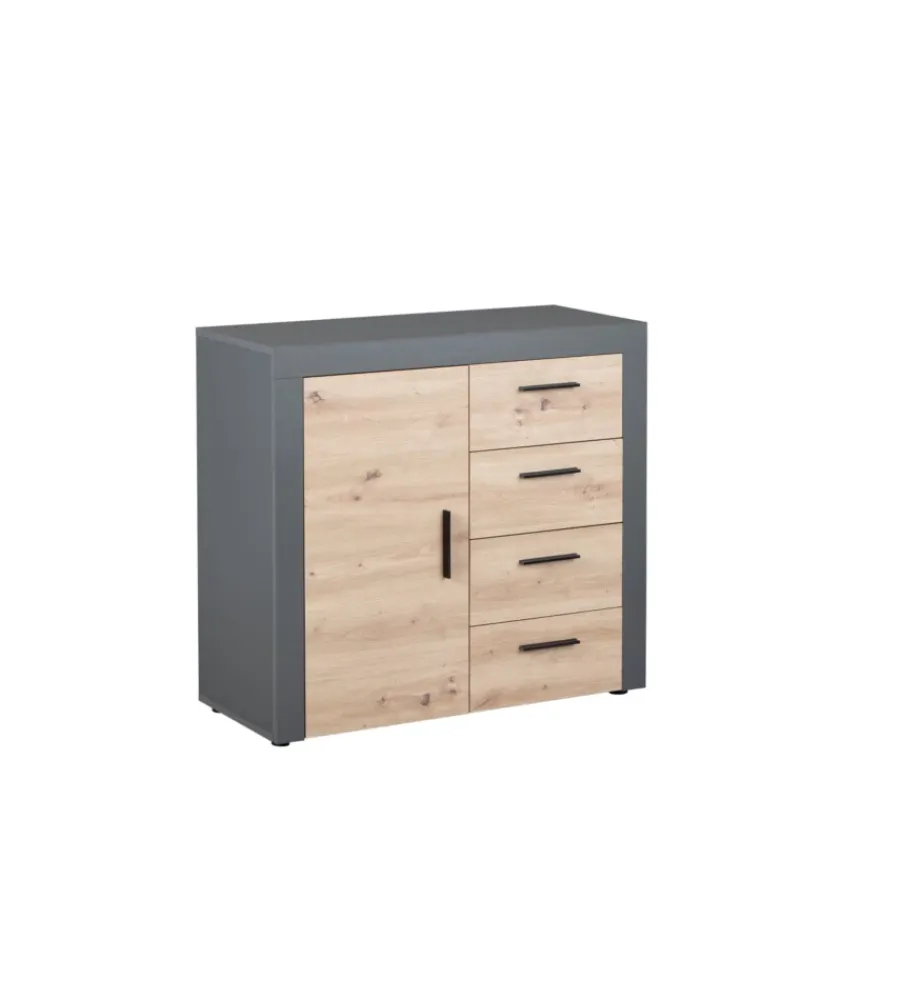Credenze E Buffet|Mobile buffet 1 anta e 3 cassetti grigio e quercia, 94x40x86 cm