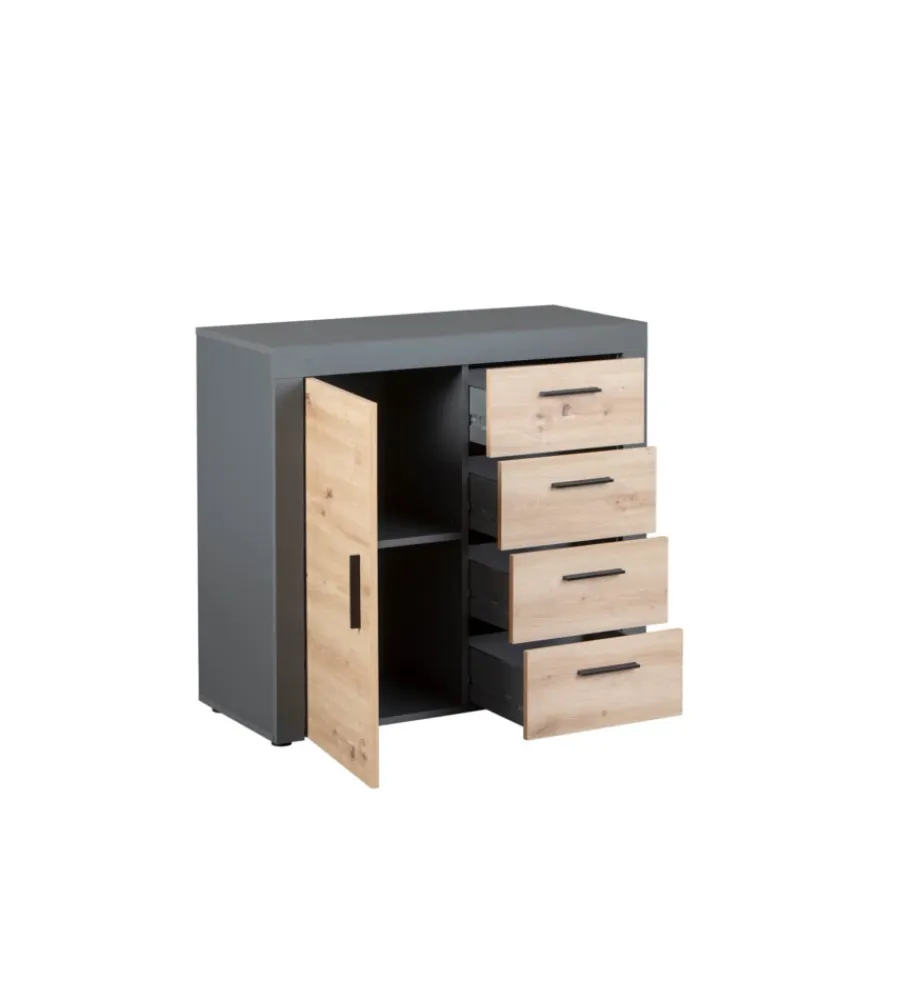 Credenze E Buffet|Mobile buffet 1 anta e 3 cassetti grigio e quercia, 94x40x86 cm