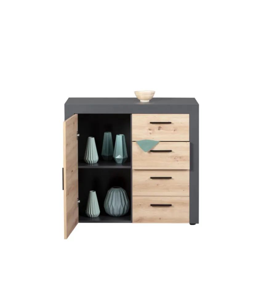 Credenze E Buffet|Mobile buffet 1 anta e 3 cassetti grigio e quercia, 94x40x86 cm