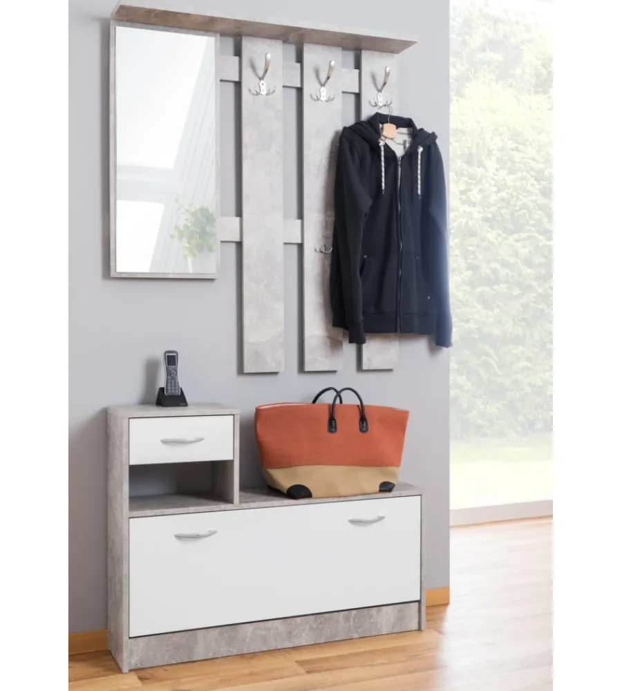 Mobili Da Ingresso-BellaHome Mobile da ingresso con specchio e appendiabiti bianco e cemento 100x25x180 cm