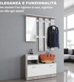 Mobili Da Ingresso-BellaHome Mobile da ingresso con specchio e appendiabiti bianco e cemento 100x25x180 cm
