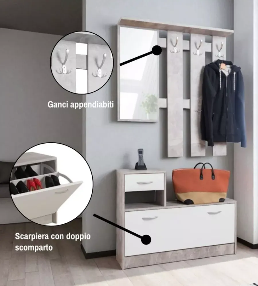 Mobili Da Ingresso-BellaHome Mobile da ingresso con specchio e appendiabiti bianco e cemento 100x25x180 cm