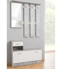 Mobili Da Ingresso-BellaHome Mobile da ingresso con specchio e appendiabiti bianco e cemento 100x25x180 cm