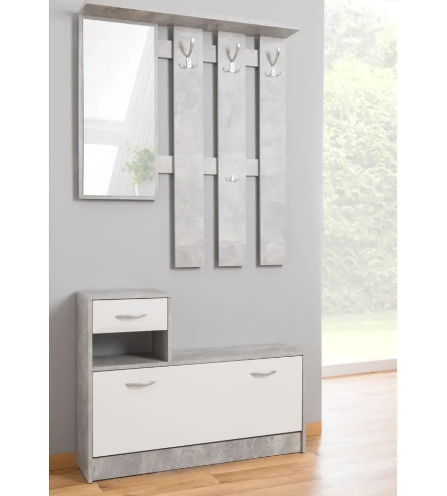 Mobili Da Ingresso-BellaHome Mobile da ingresso con specchio e appendiabiti bianco e cemento 100x25x180 cm