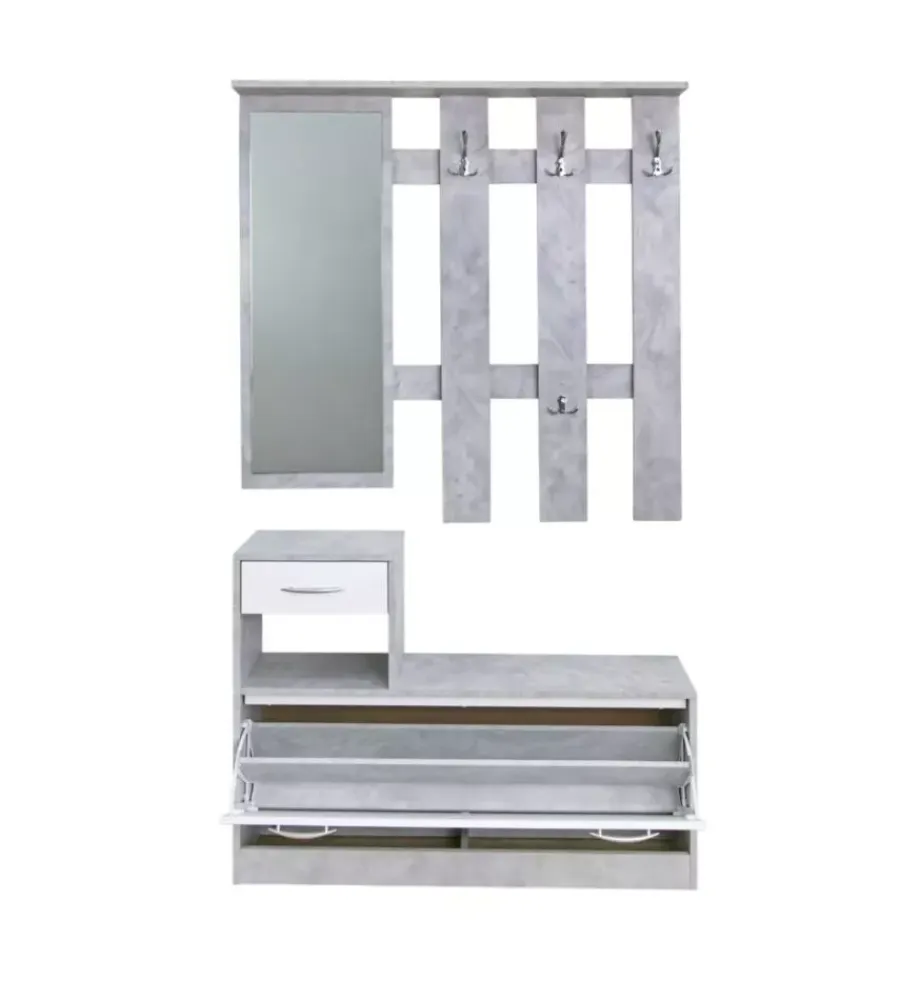 Mobili Da Ingresso-BellaHome Mobile da ingresso con specchio e appendiabiti bianco e cemento 100x25x180 cm