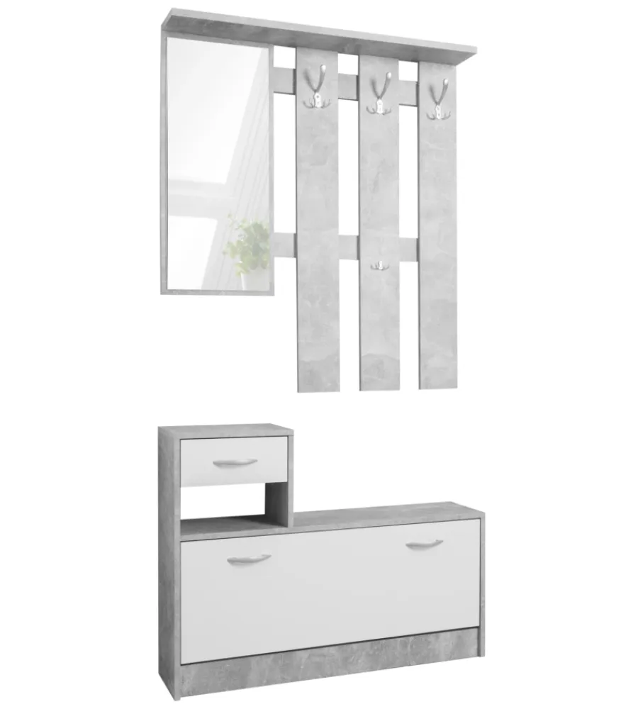 Mobili Da Ingresso-BellaHome Mobile da ingresso con specchio e appendiabiti bianco e cemento 100x25x180 cm