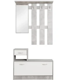 Mobili Da Ingresso-BellaHome Mobile da ingresso con specchio e appendiabiti bianco e cemento 100x25x180 cm