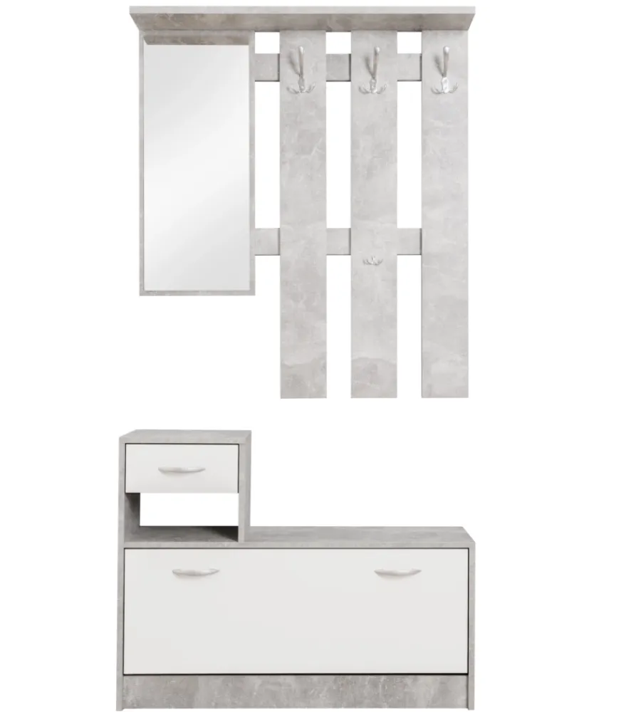 Mobili Da Ingresso-BellaHome Mobile da ingresso con specchio e appendiabiti bianco e cemento 100x25x180 cm