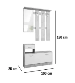 Mobili Da Ingresso-BellaHome Mobile da ingresso con specchio e appendiabiti bianco e cemento 100x25x180 cm