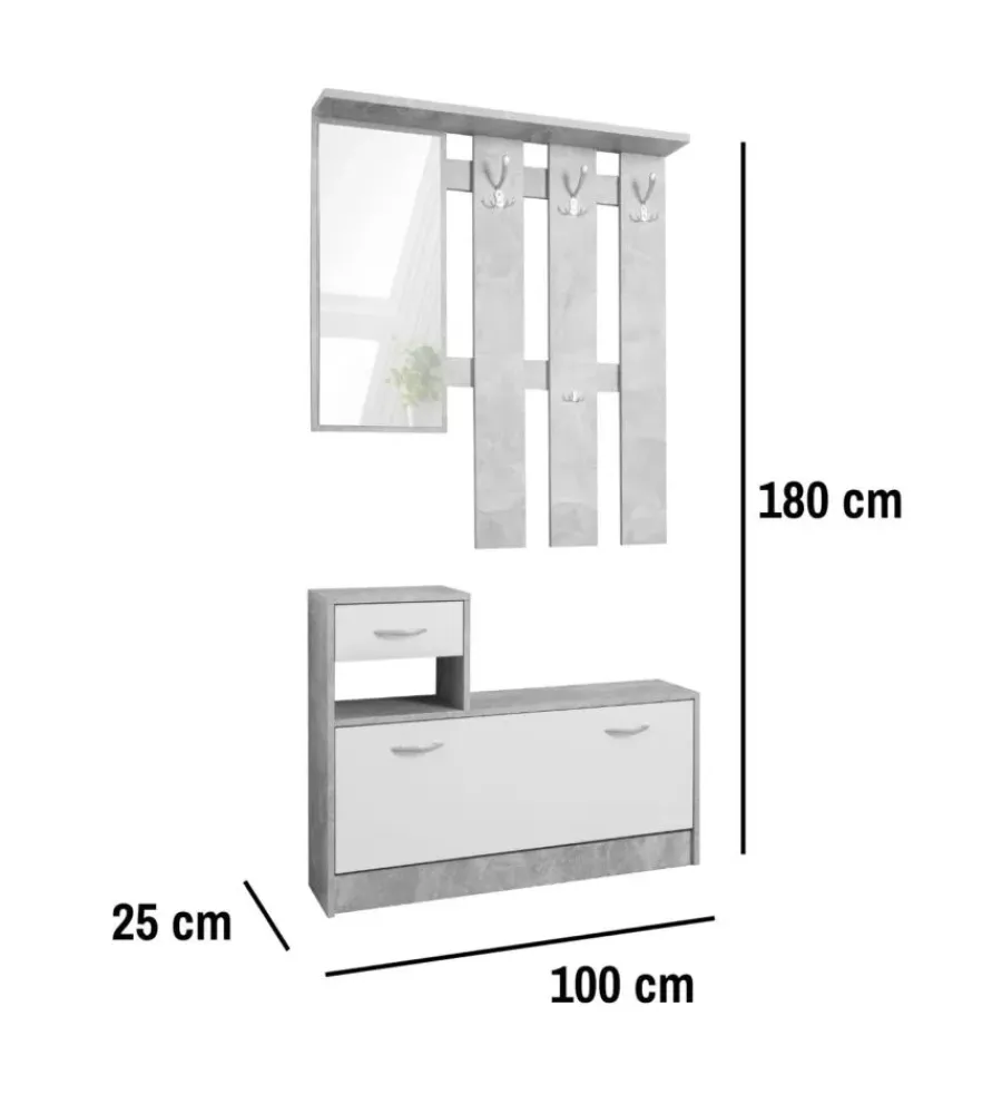 Mobili Da Ingresso-BellaHome Mobile da ingresso con specchio e appendiabiti bianco e cemento 100x25x180 cm