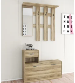 Mobili Da Ingresso-BellaHome Mobile da ingresso con specchio e appendiabiti quercia, 100x25x180 cm