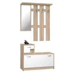 Mobili Da Ingresso-BellaHome Mobile da ingresso con specchio e appendiabiti bianco e quercia, 100x25x180 cm