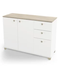 Credenze E Buffet|Mobile multiuso "izzy" 3 ante e 2 cassetti bianco opaco e quercia, 119,6x41,9x85,1 cm