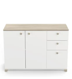 Credenze E Buffet|Mobile multiuso "izzy" 3 ante e 2 cassetti bianco opaco e quercia, 119,6x41,9x85,1 cm