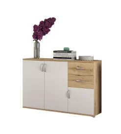Credenze E Buffet|Mobile multiuso "londra 02" con 3 ante e 2 cassetti bianco e legno 120x35x83 cm