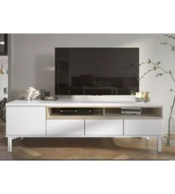 Pareti Soggiorno E Porta Tv|Mobile tv bianco e legno con 1 anta e 3 cassetti, 156x48x48 cm