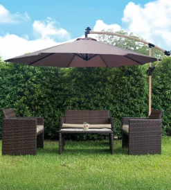 EuroGarden Coperture Per Esterno E Accessori|Ombrellone da giardino rotondo con braccio laterale con illuminazione led effetto legno taupe 3x3 m
