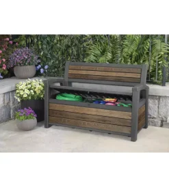 Keter Contenitori Da Esterno|Panchina con contenitore "deco bench" in resina marrone effetto legno 227 lt 133x61x89 cm