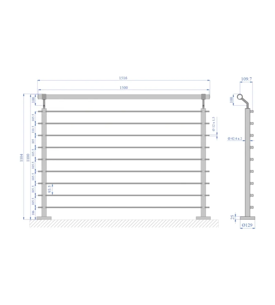 Metal Expert Porte, Scale E Pavimenti|Parapetto modulare certificato in acciaio inox aisi 304 con fissaggio a pavimento, 150 cm - kit completo a1