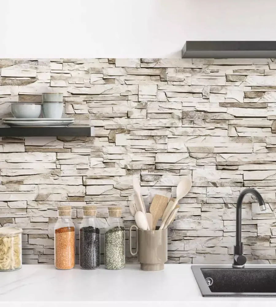 Decorazione Pareti- Paraschizzi adesivo da cucina fantasia "beige stone", 260x60 cm