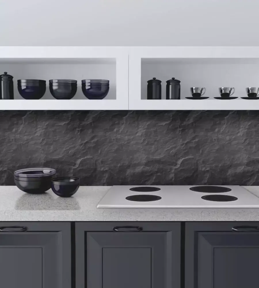 Decorazione Pareti- Paraschizzi adesivo da cucina fantasia "pietra nera", 300x60 cm