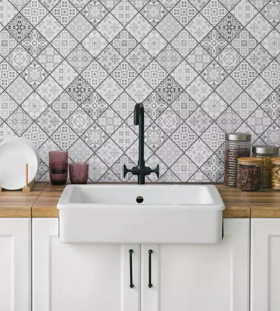 Decorazione Pareti- Paraschizzi adesivo da cucina fantasia "pewter tiles", 260x60 cm