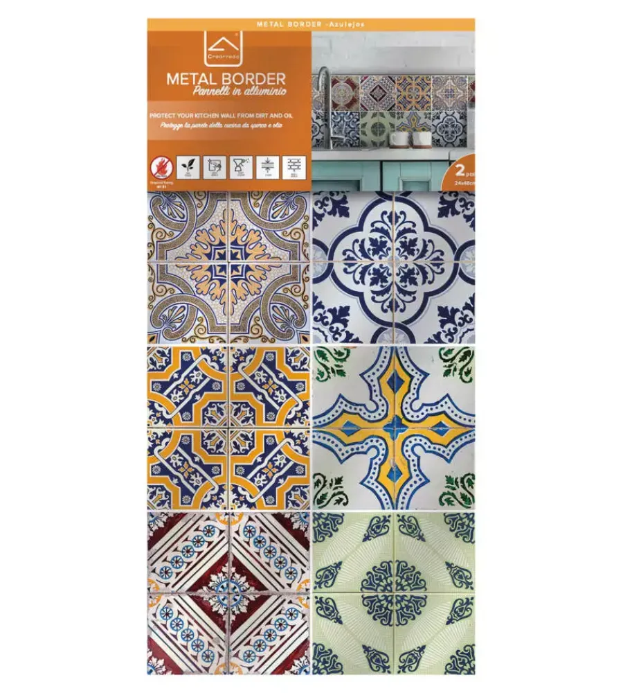 Decorazione Pareti|Paraschizzi da cucina in alluminio fantasia "azulejos", 24x48 cm