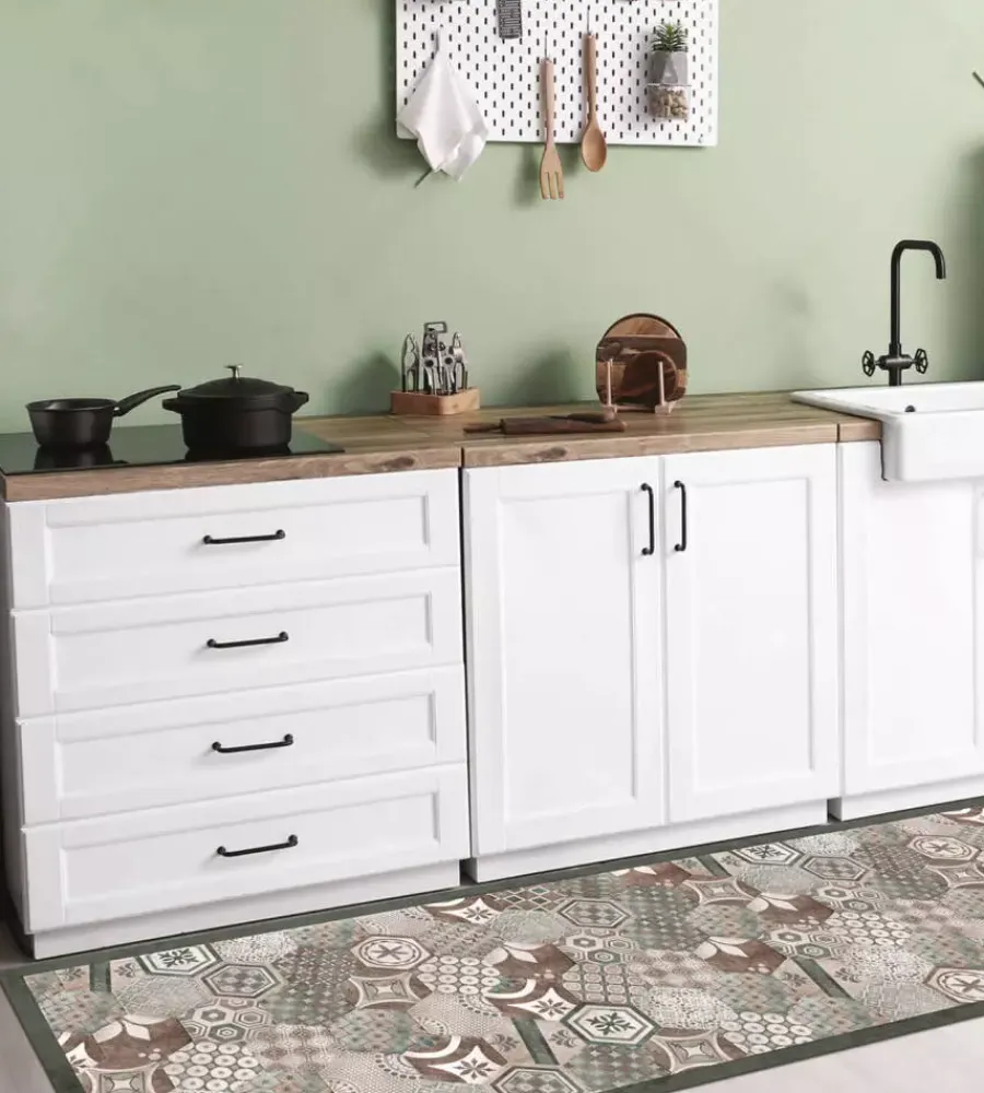 Tessile D'Arredo- Passatoia in vinile "runner" fantasia "hexagonal green tiles", 240x50 cm
